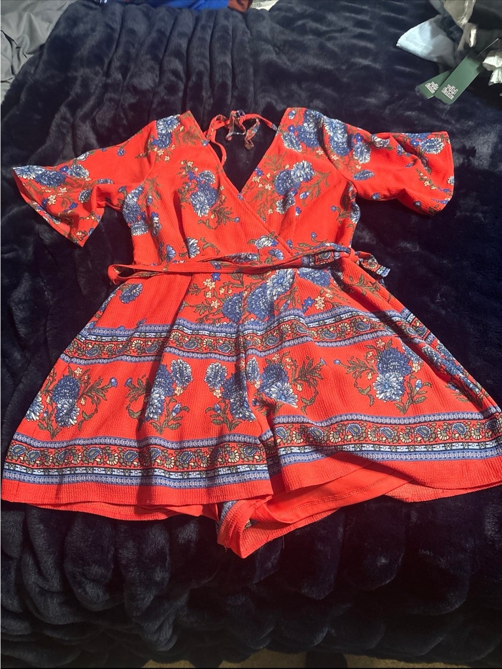 Red Floral Wrap Romper with Blue Print